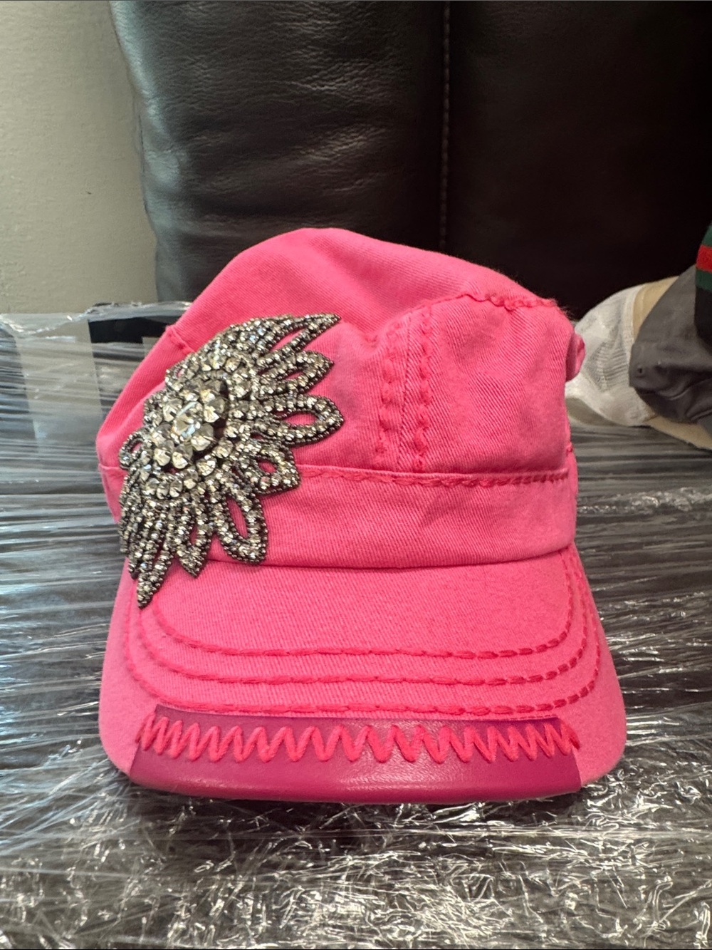 Women's Pink Rhinestone Embellished Canvas Cap